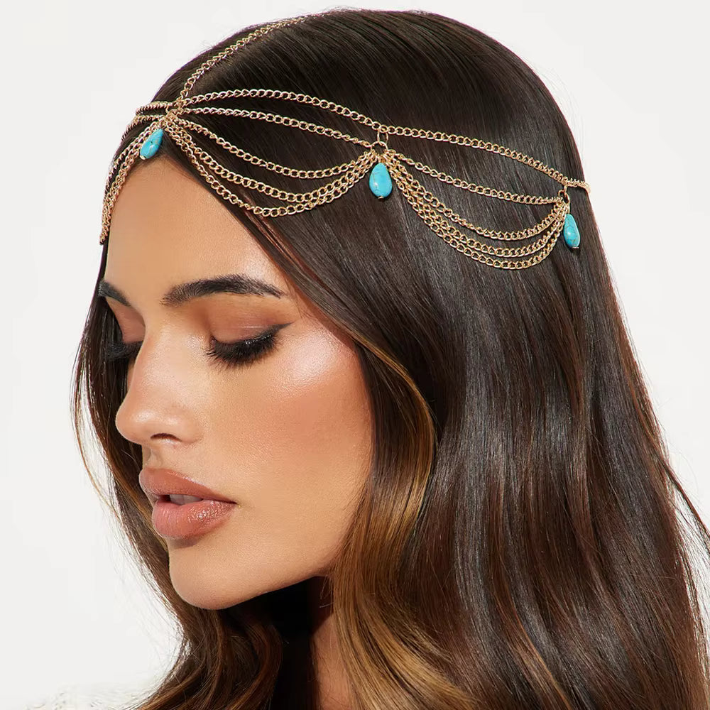 Boho Turquoise Multilayer Forehead Headpiece Wedding, Festival Hair Accessories