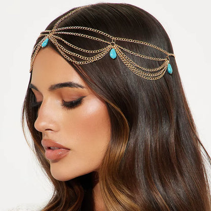 Boho Turquoise Multilayer Forehead Headpiece Wedding, Festival Hair Accessories