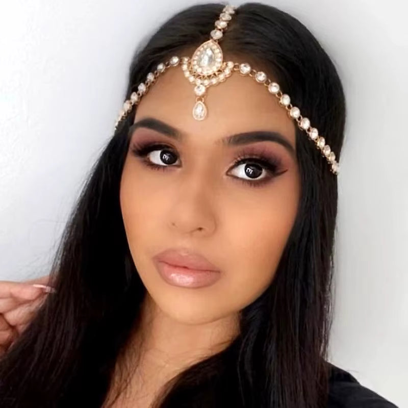 Gold Silver Color Rhinestone Bridal Forehead Head Chain Luxury Crystal Headpiece For Women Headbands Indian Wedding Hair Jewelry