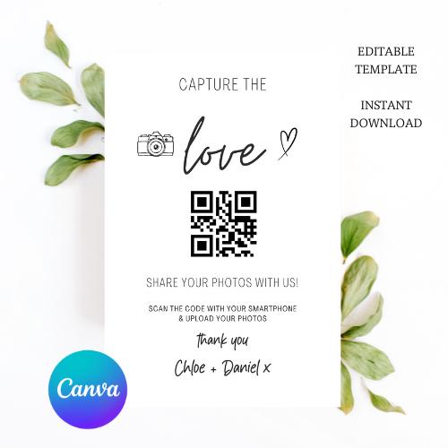 Capture the Love QR Code, Wedding Photo Signs, Share the Love, Wedding QR Code Signs, Horizontal & Vertical, Canva Template | CA1