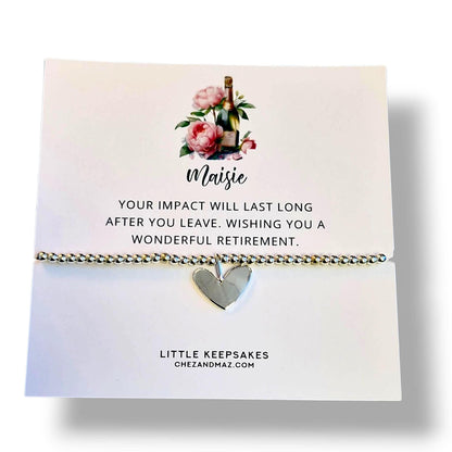 Retirement Bracelet: Silver Plated Heart Charm, Inspirational Gift - Leaving Gift - Retiring - New Chapter