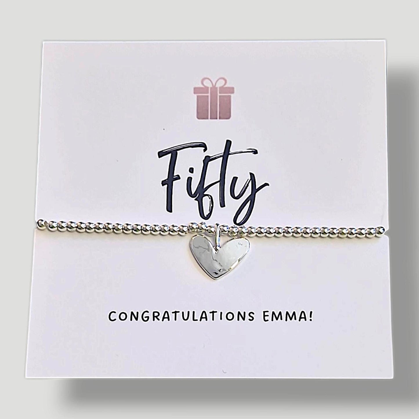 Personalized 50th Birthday Bracelet: Silver Plated Heart Charm - Fifty - Fiftieth Birthday