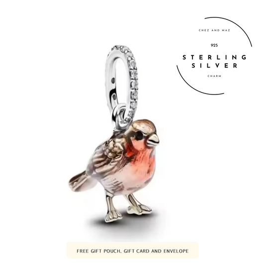 Sterling Silver Robin Red Breast Dangle Bird Charm for Pandora Moments & Pandora ME Bracelets