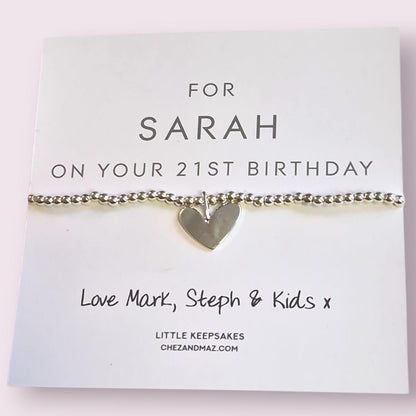 Personalised 21st Birthday Charm Bracelet: Silver Heart Keepsake, 21, twenty one, 21st gift