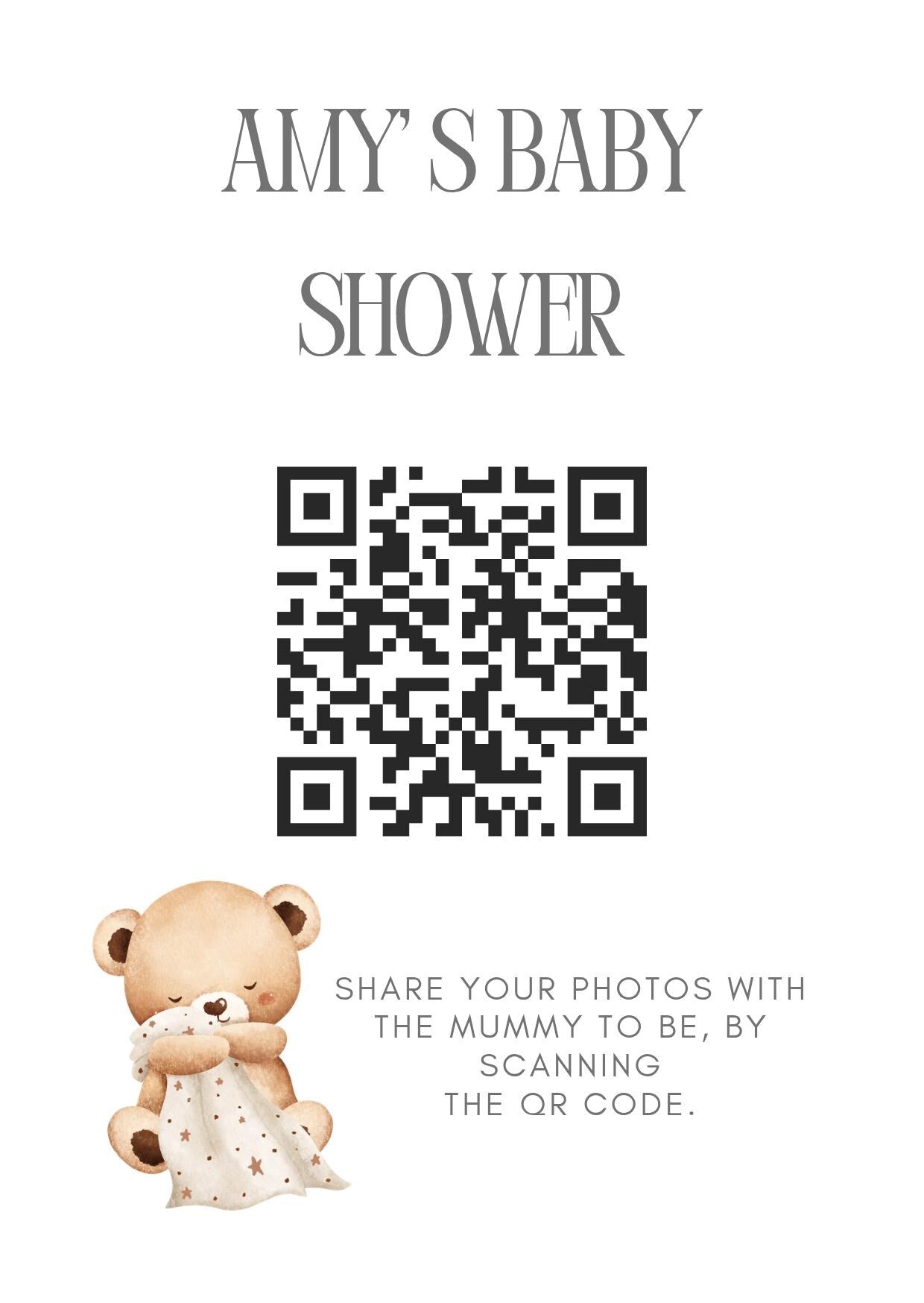 Baby shower QR Code Photo Sharing Cards: Personalised (7x10 cm A7 Size), smartphone photo sharing