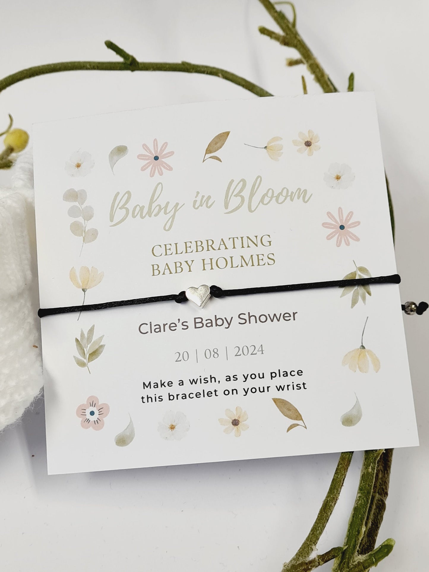 Personalised Baby Shower Wish Bracelet: 'Baby in Bloom' Charm-flowers - garden, boho, or nature-themed shower.