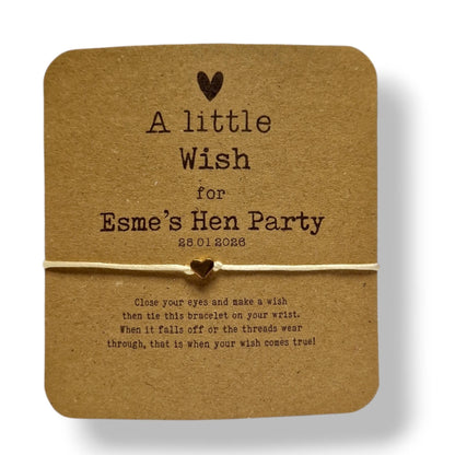 Hen Party Wish Bracelet: Hen Party Favour, Personalised, Bride, Hen Weekend, Eco-Friendly Card - Brown Card, Hen Weekend