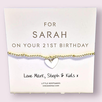 Personalised 21st Birthday Charm Bracelet: Silver Heart Keepsake, 21, twenty one, 21st gift