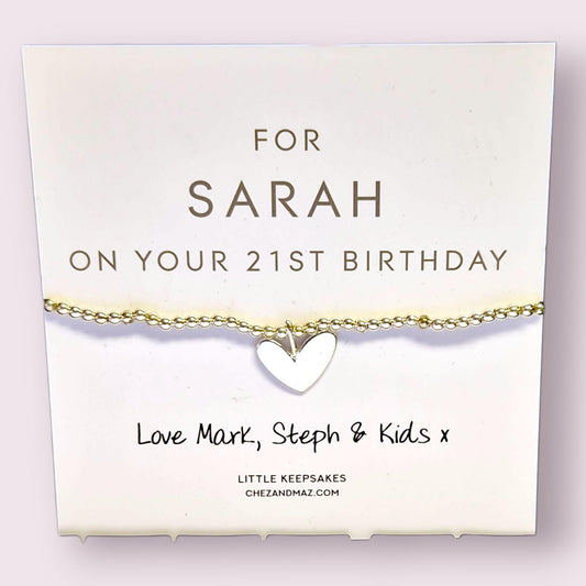 Personalised 21st Birthday Charm Bracelet: Silver Heart Keepsake, 21, twenty one, 21st gift