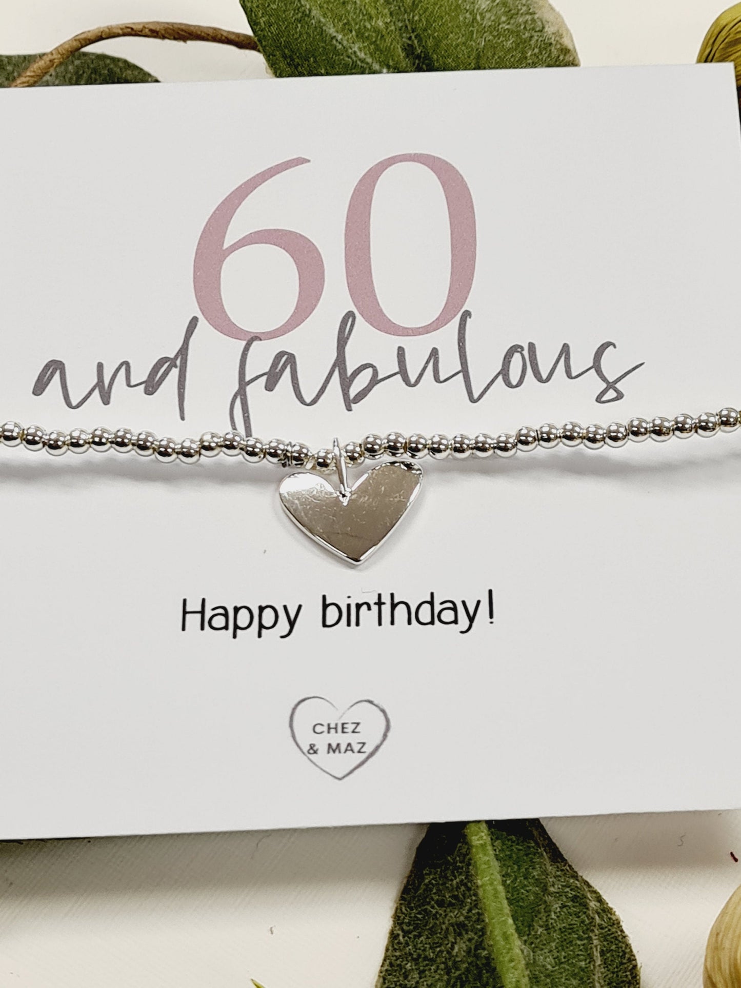 60th Birthday, Sixty, Silver Plated Charm Bracelet, Heart Charm