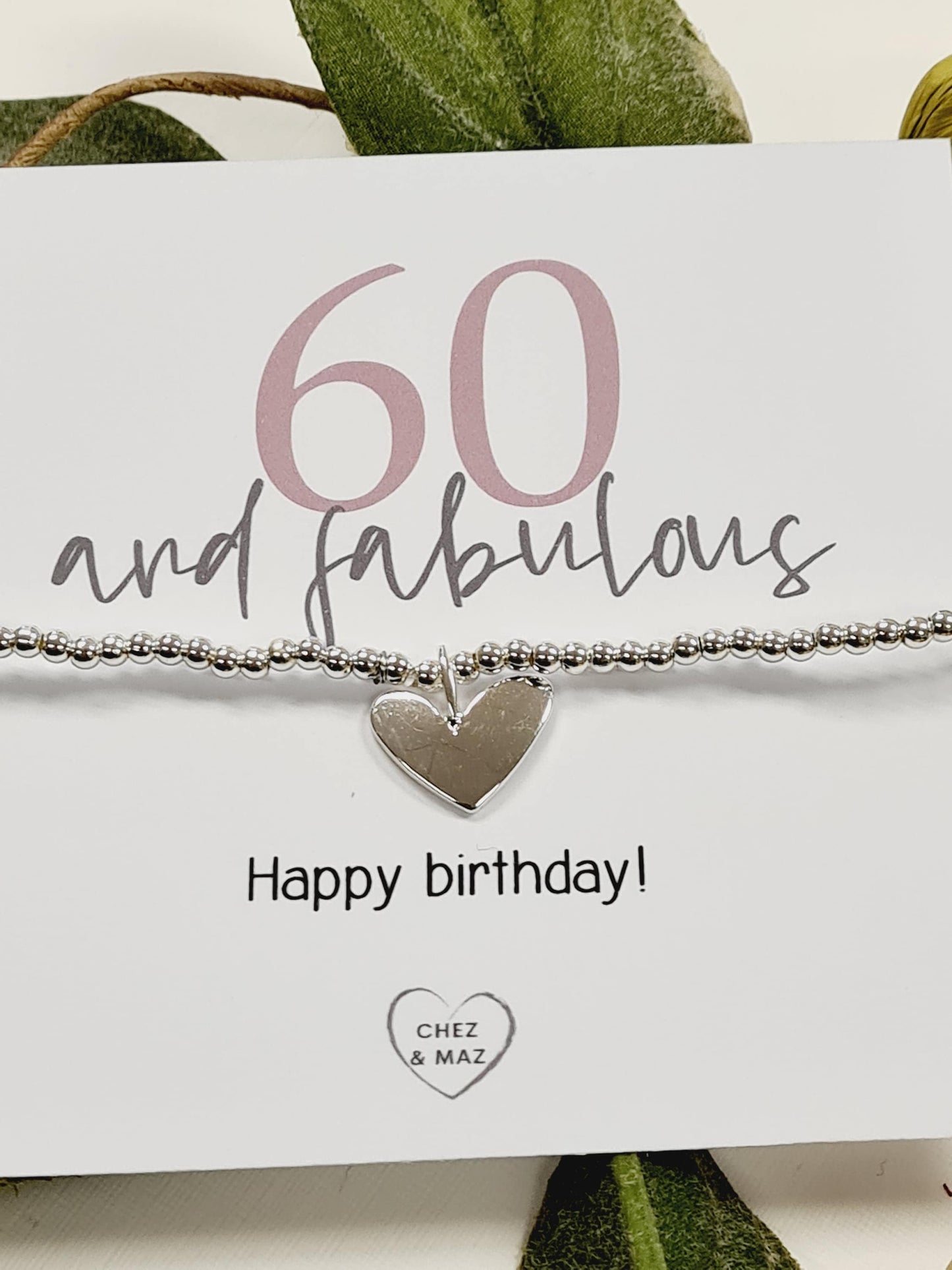60th Birthday, Sixty, Silver Plated Charm Bracelet, Heart Charm