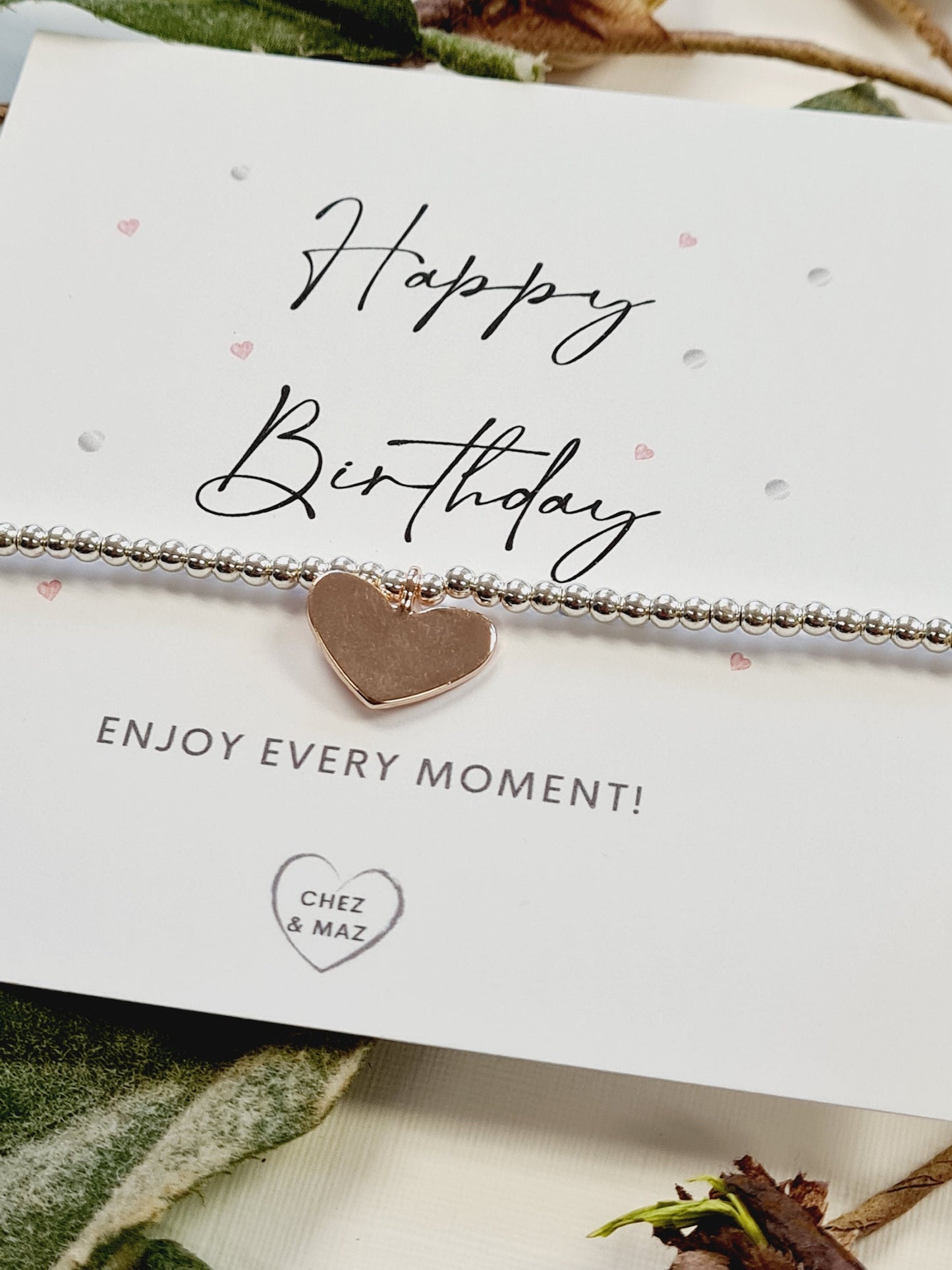 Happy birthday - enjoy every moment - Silver plated charm bracelet & rose gold heart charm