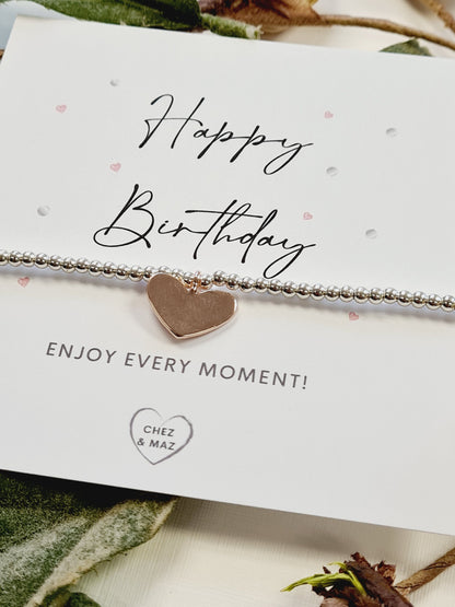 Happy birthday - enjoy every moment - Silver plated charm bracelet & rose gold heart charm