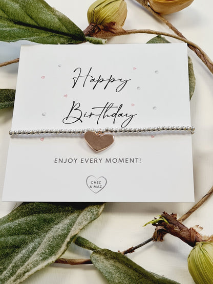 Happy birthday - enjoy every moment - Silver plated charm bracelet & rose gold heart charm