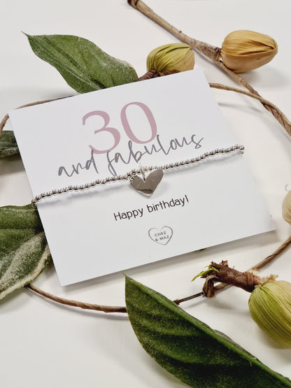 30th Birthday, Thirty, Silver Plated Charm Bracelet: Heart Charm 30 and Fabulous