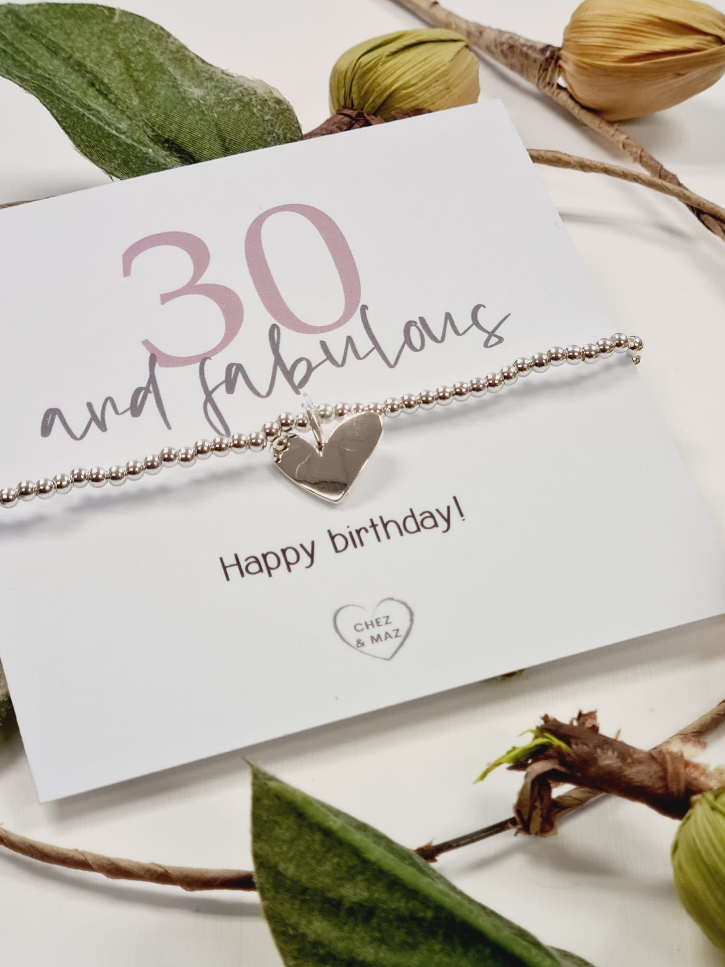 30th Birthday, Thirty, Silver Plated Charm Bracelet: Heart Charm 30 and Fabulous