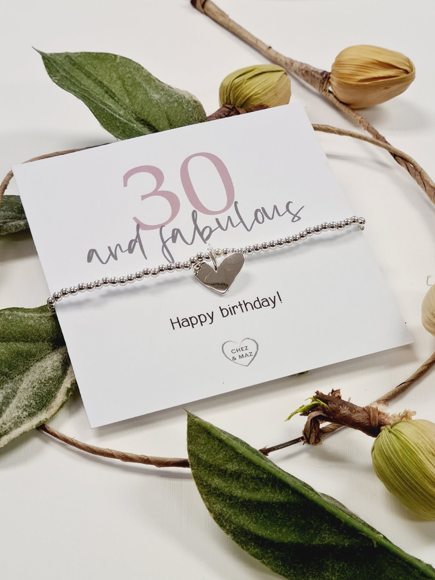 30th Birthday, Thirty, Silver Plated Charm Bracelet: Heart Charm 30 and Fabulous
