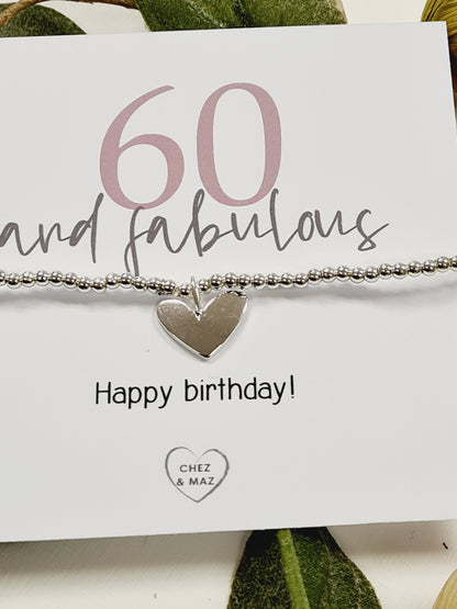 60th Birthday, Sixty, Silver Plated Charm Bracelet, Heart Charm