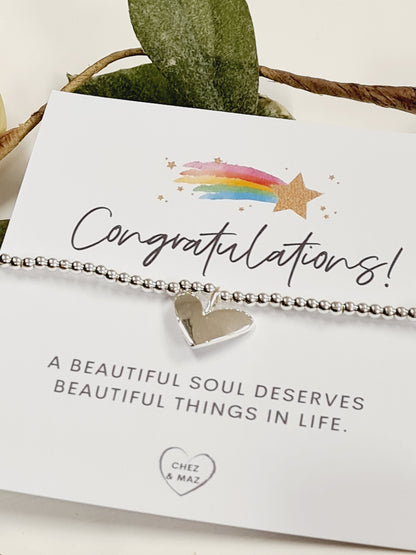 Congratulations, a beautiful soul deserves beautiful things in life - Silver plated charm bracelet & silver heart charm