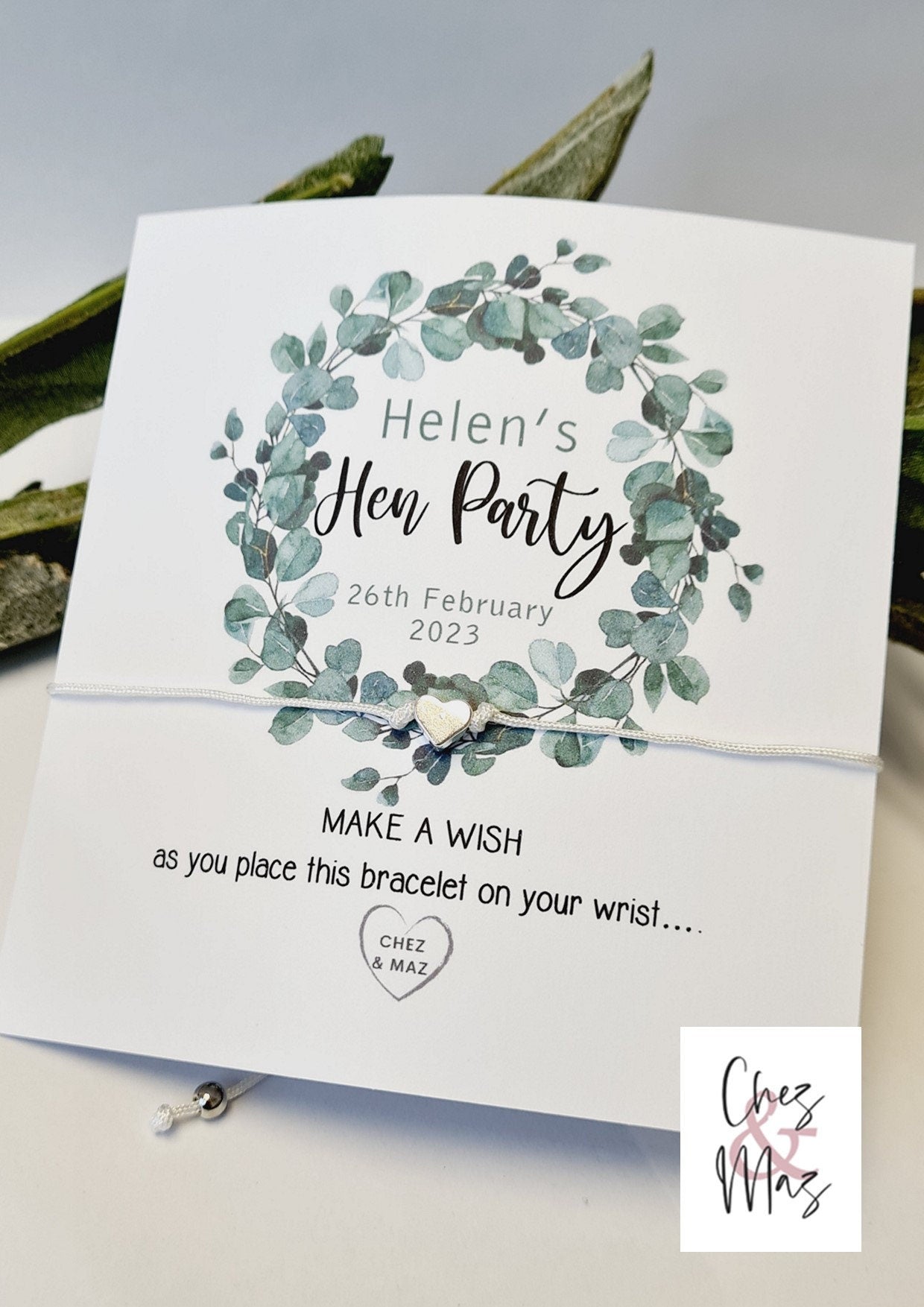 Eucalyptus Hen Party Wish Bracelet: Personalised Goodie Bag Filler - Fern, Botanical, Hen Do, Hen Weekend
