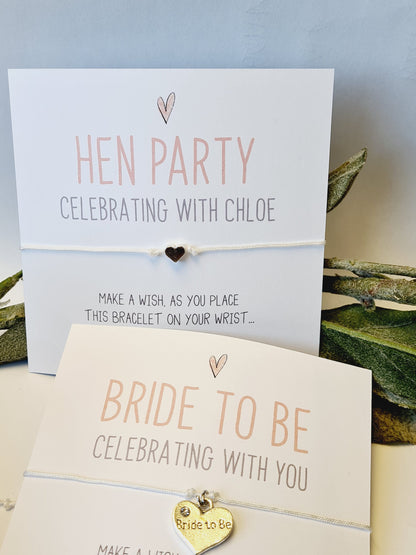 Simple Heart Hen Party Wish Bracelets - Personalised  - Goodie Bag Filler - Hen Weekend, Hen Do, Girls Weekend - CM700