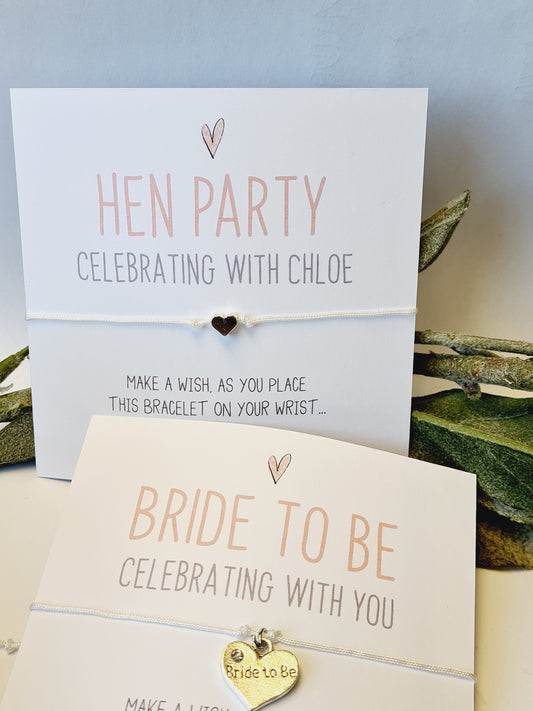 Simple Heart Hen Party Wish Bracelets - Personalised  - Goodie Bag Filler - Hen Weekend, Hen Do, Girls Weekend - CM700