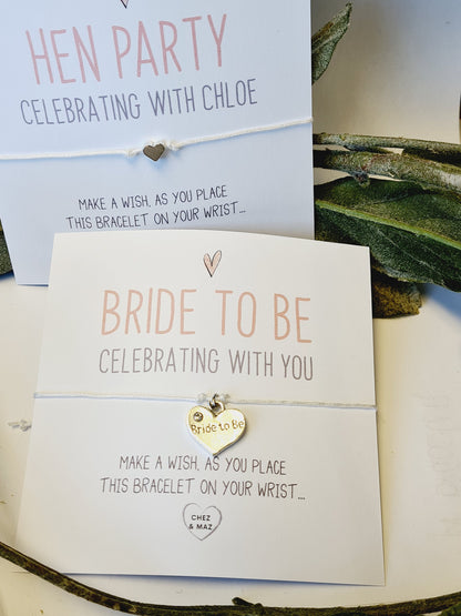 Simple Heart Hen Party Wish Bracelets - Personalised  - Goodie Bag Filler - Hen Weekend, Hen Do, Girls Weekend - CM700
