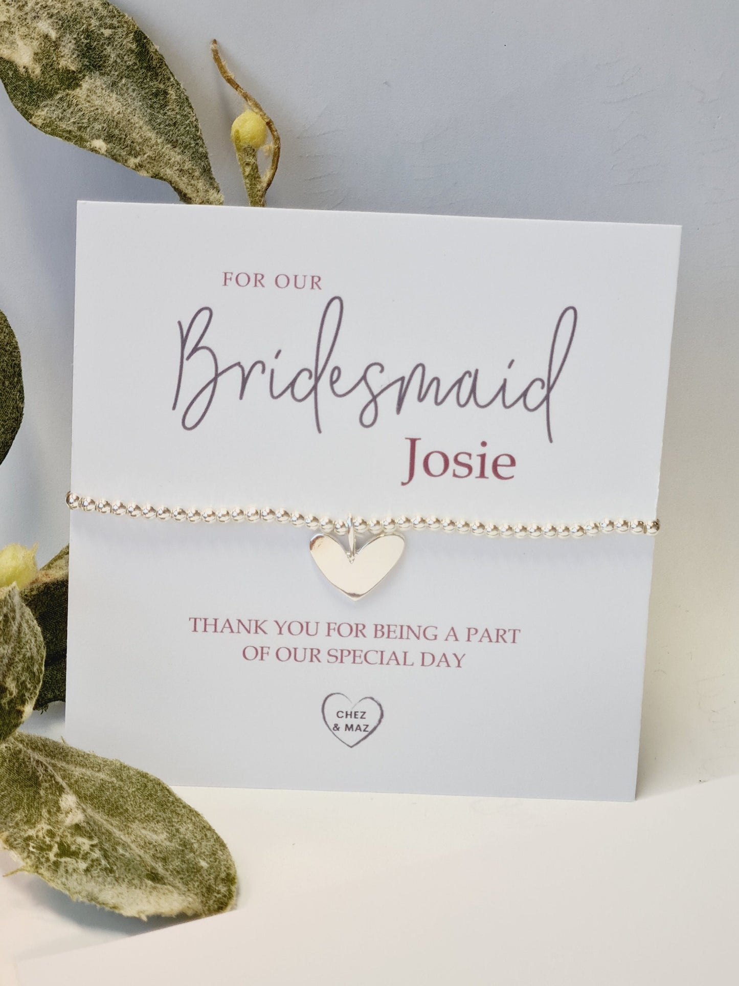 Personalised Bridesmaid - Maid of Honour I Silver plated Ball Stretch Bracelet – Dainty Silver - Charm Bracelet & Silver Heart Charm -CM800