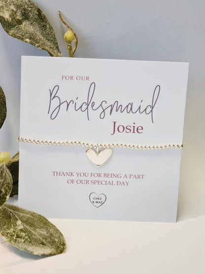 Personalised Bridesmaid - Maid of Honour I Silver plated Ball Stretch Bracelet – Dainty Silver - Charm Bracelet & Silver Heart Charm -CM800