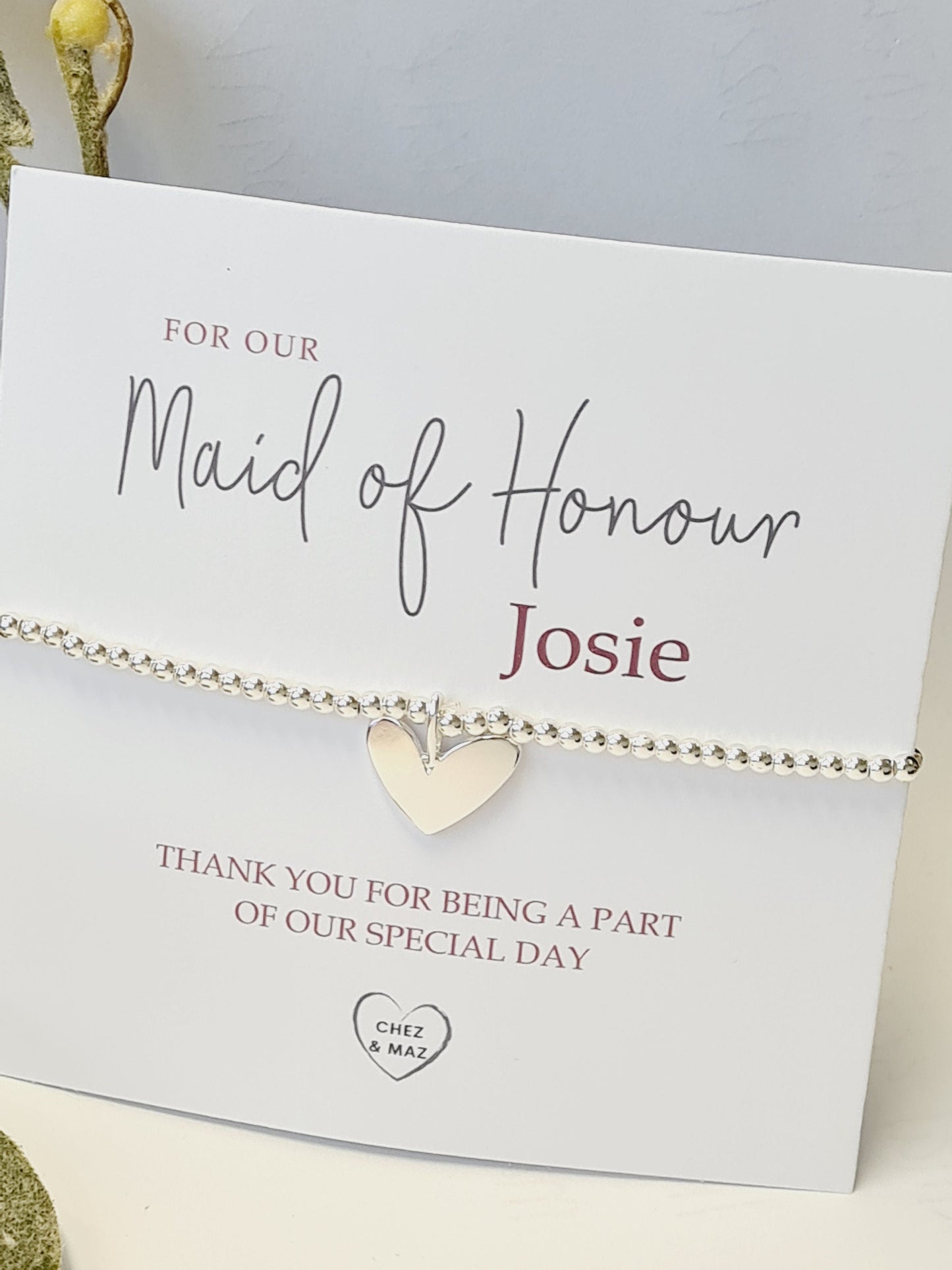 Personalised Bridesmaid - Maid of Honour I Silver plated Ball Stretch Bracelet – Dainty Silver - Charm Bracelet & Silver Heart Charm -CM800