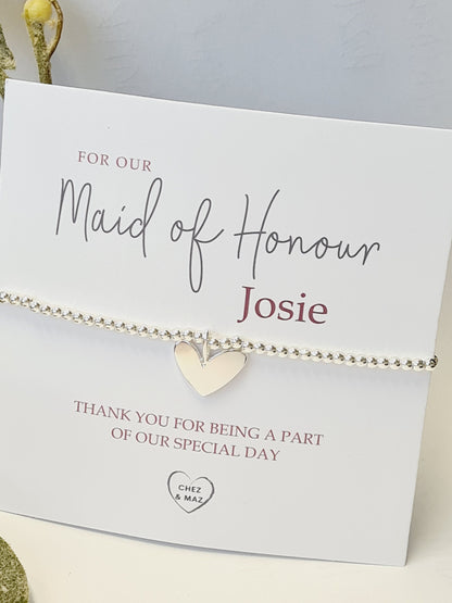 Personalised Bridesmaid - Maid of Honour I Silver plated Ball Stretch Bracelet – Dainty Silver - Charm Bracelet & Silver Heart Charm -CM800