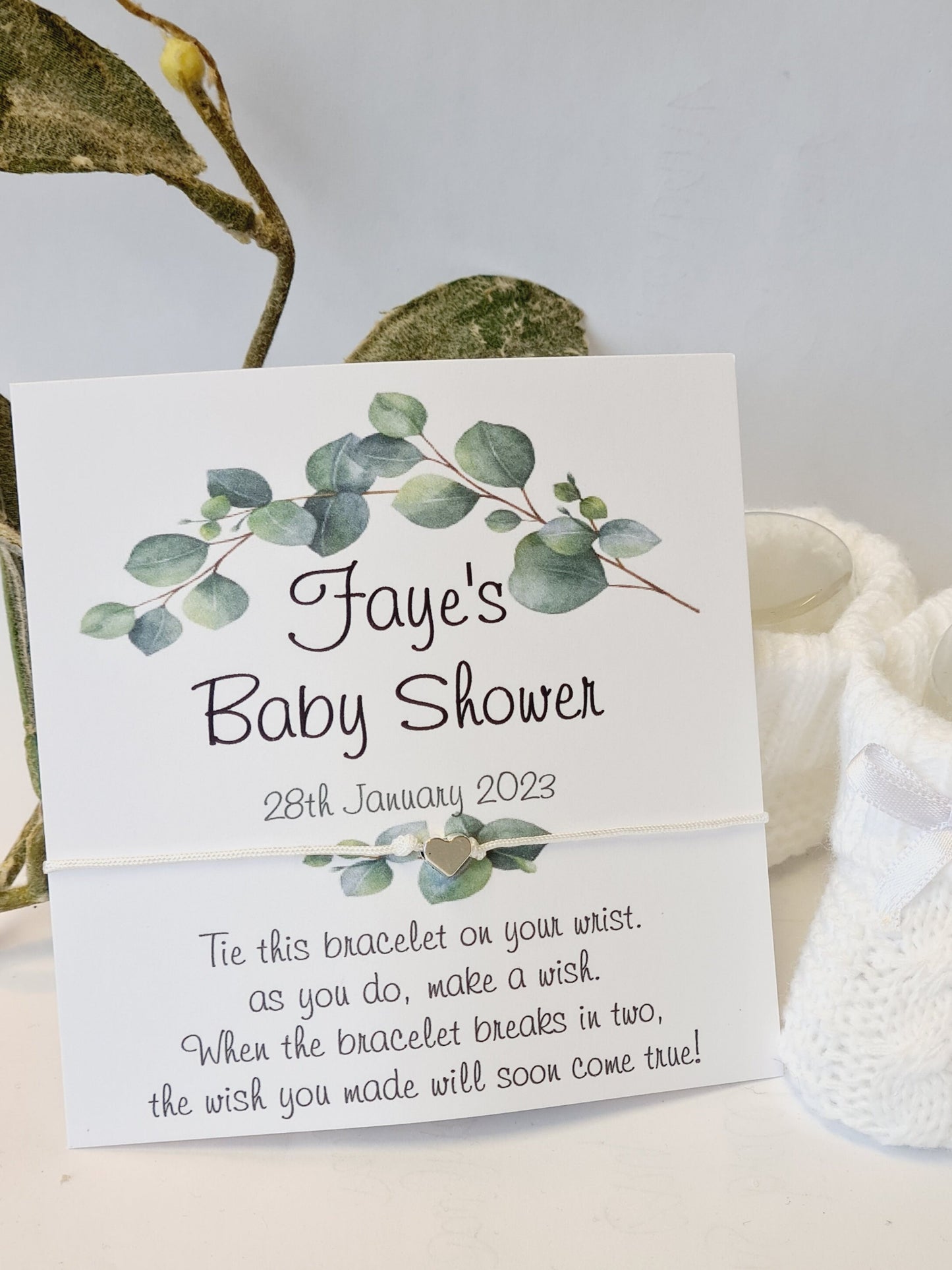 Eucalyptus Baby Shower Wish Bracelet Favour | Personalised Greenery Baby Shower Keepsake | Gender Neutral Party Gift for Guests