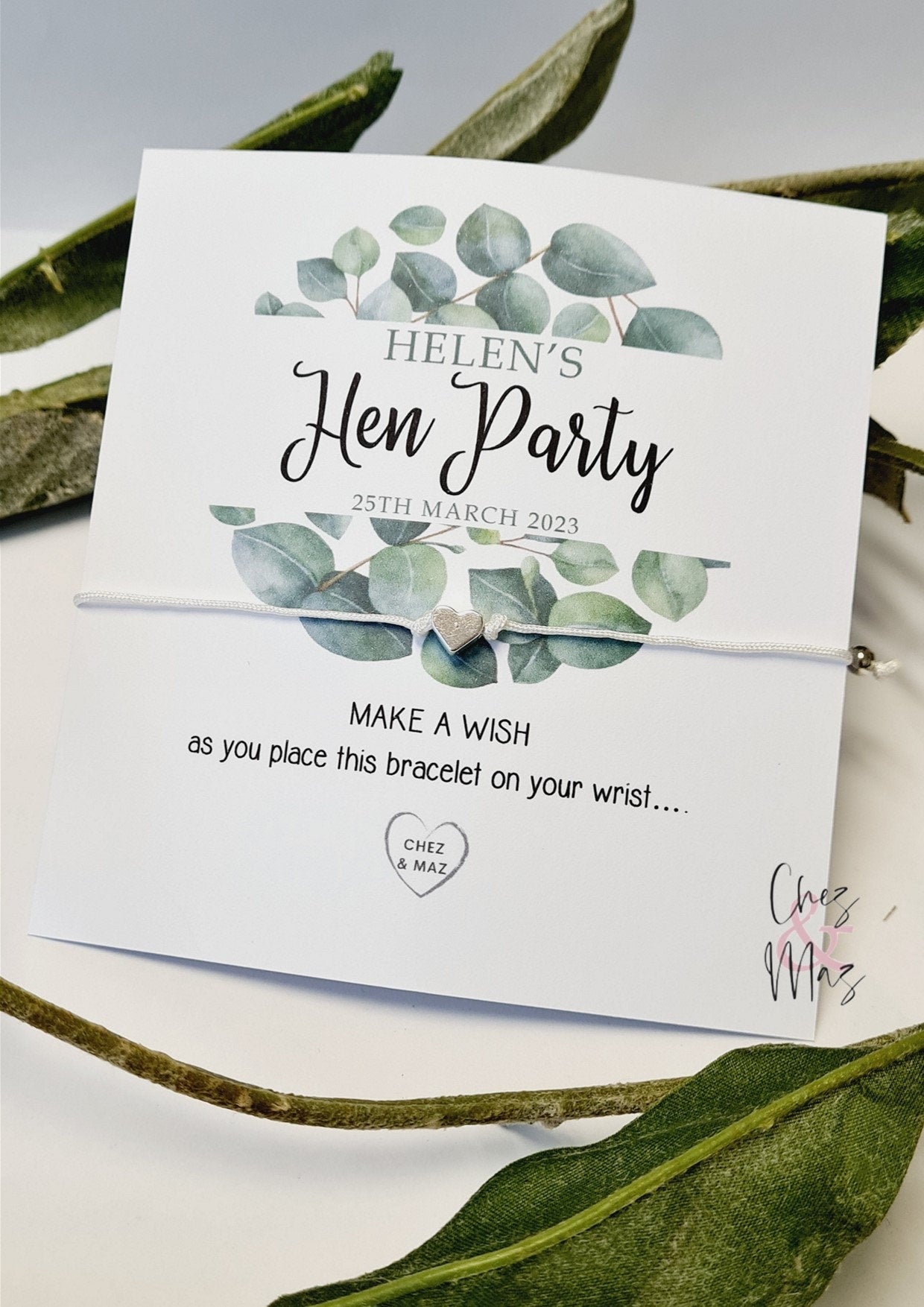 Eucalyptus Hen Party Wish Bracelets - Personalised  - Goodie Bag Filler - Hen Weekend, Hen Do, Girls Weekend - CM335