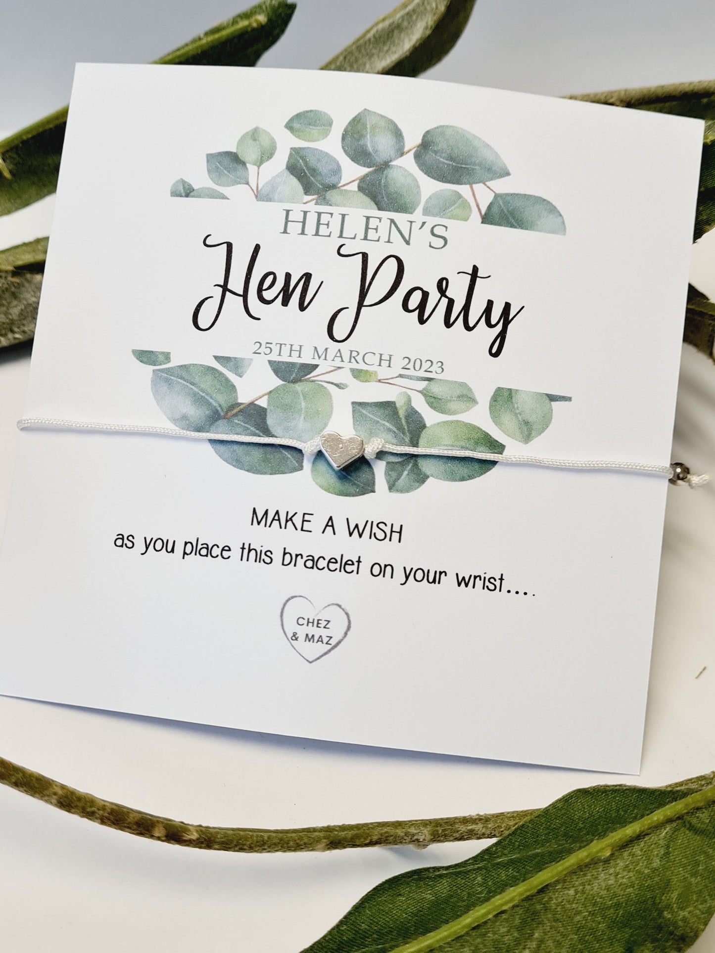 Eucalyptus Hen Party Wish Bracelets - Personalised  - Goodie Bag Filler - Hen Weekend, Hen Do, Girls Weekend - CM335