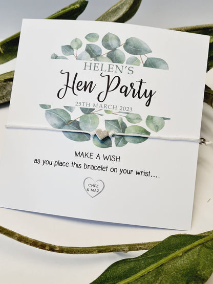 Eucalyptus Hen Party Wish Bracelets - Personalised  - Goodie Bag Filler - Hen Weekend, Hen Do, Girls Weekend - CM335