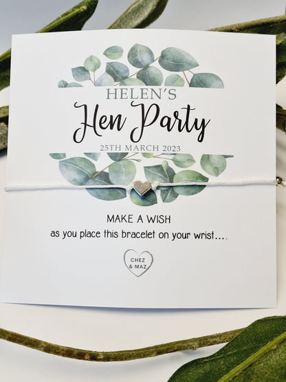 Eucalyptus Hen Party Wish Bracelets - Personalised  - Goodie Bag Filler - Hen Weekend, Hen Do, Girls Weekend - CM335