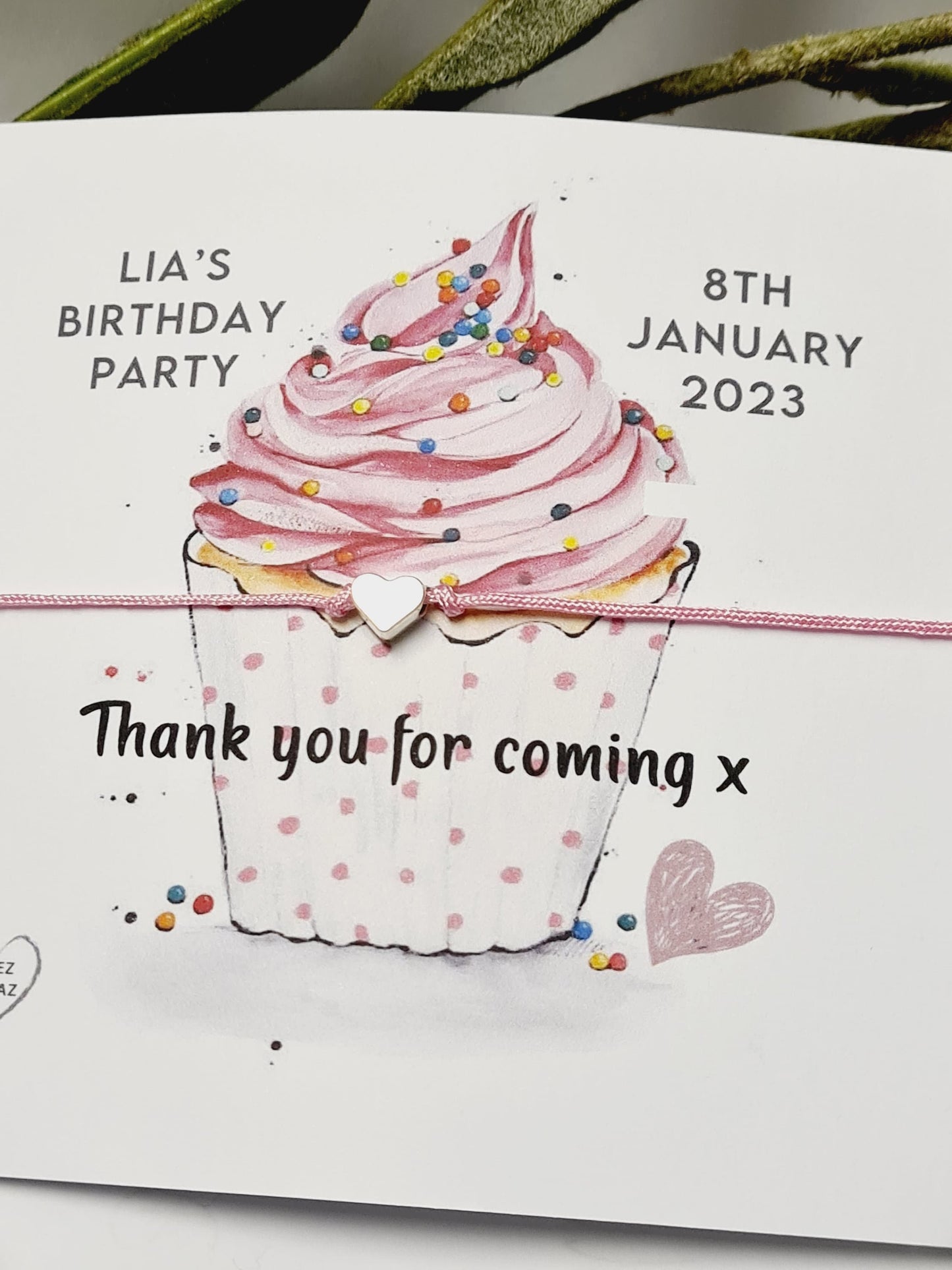 Thank you for coming to my party wish string charm bracelet - Party bag Goodie filler - Personalised -Birthday Cake Cupcake Design - CC4