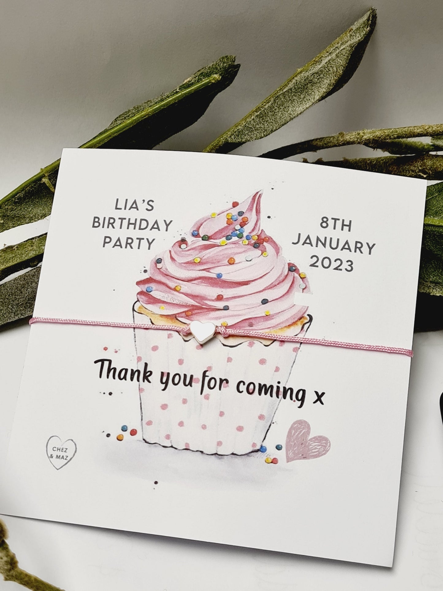 Thank you for coming to my party wish string charm bracelet - Party bag Goodie filler - Personalised -Birthday Cake Cupcake Design - CC4