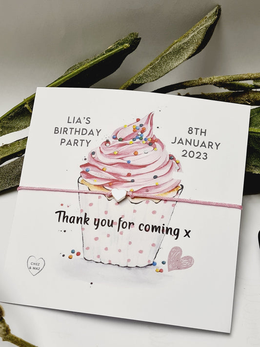 Thank you for coming to my party wish string charm bracelet - Party bag Goodie filler - Personalised -Birthday Cake Cupcake Design - CC4