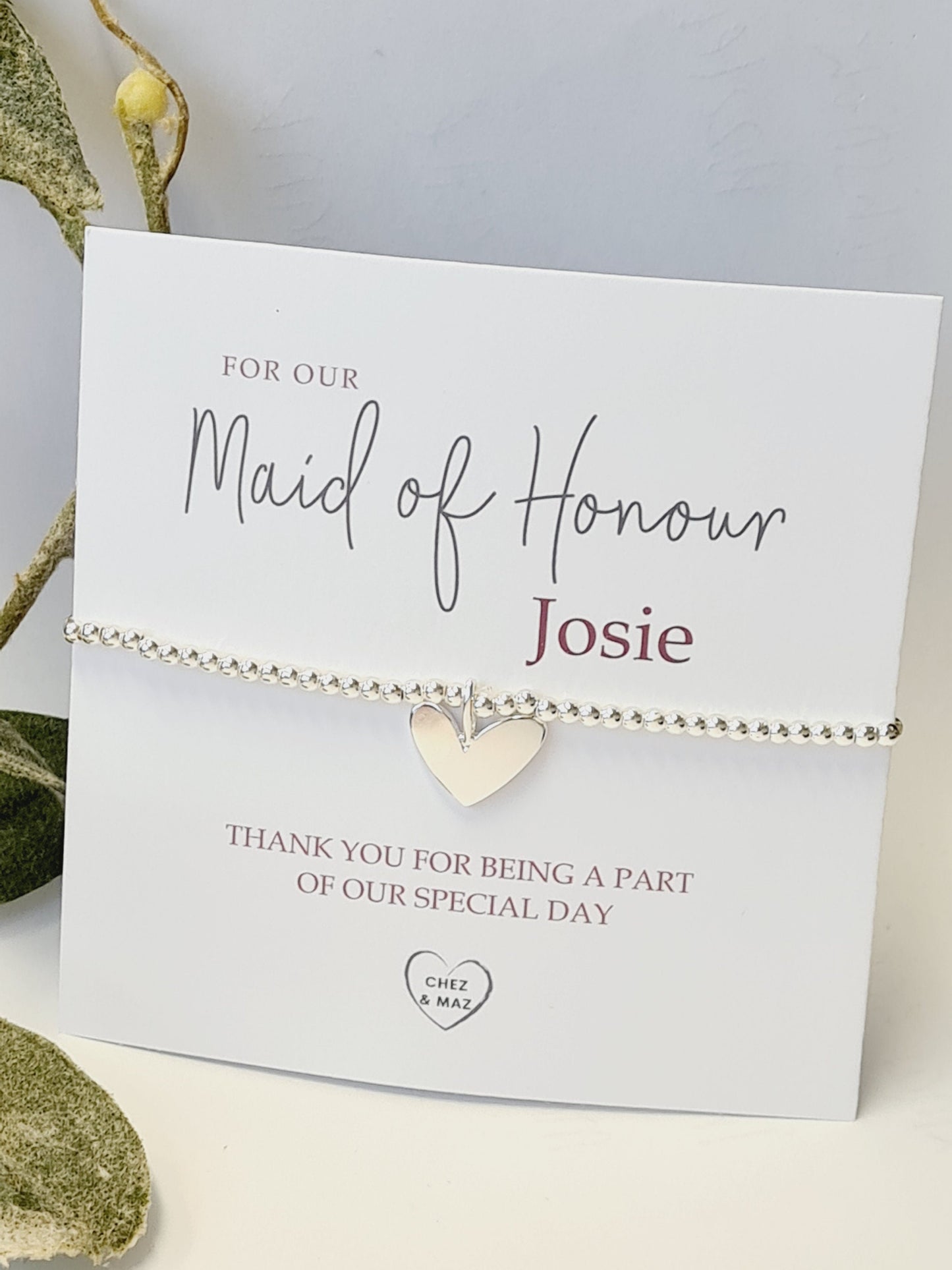 Personalised Bridesmaid - Maid of Honour I Silver plated Ball Stretch Bracelet – Dainty Silver - Charm Bracelet & Silver Heart Charm -CM800