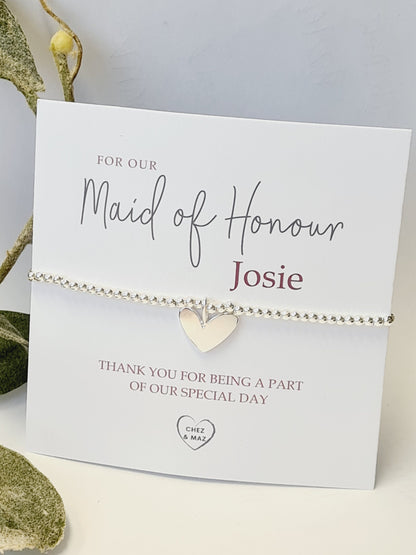 Personalised Bridesmaid - Maid of Honour I Silver plated Ball Stretch Bracelet – Dainty Silver - Charm Bracelet & Silver Heart Charm -CM800