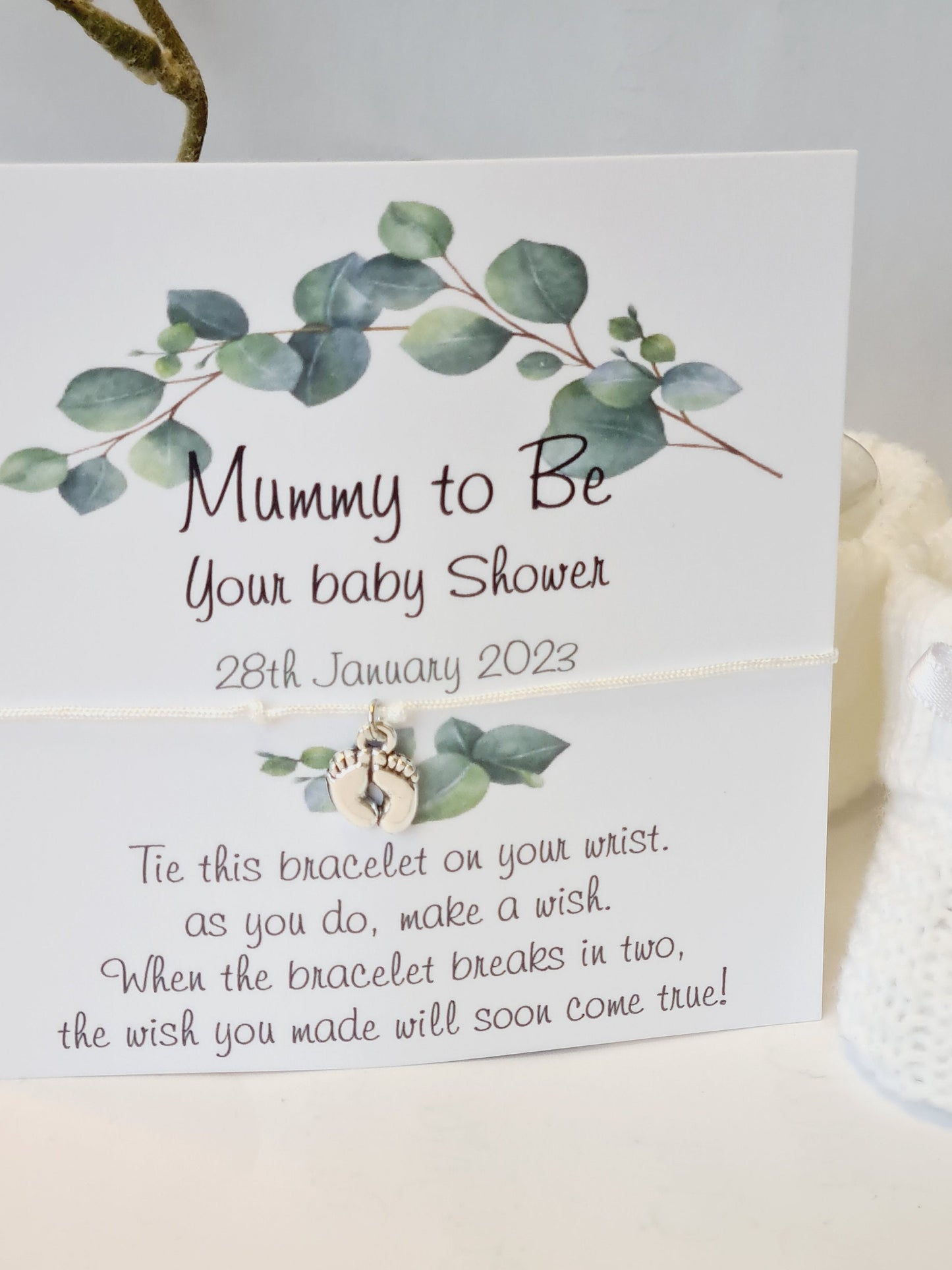 Eucalyptus Baby Shower Wish Bracelet Favour | Personalised Greenery Baby Shower Keepsake | Gender Neutral Party Gift for Guests