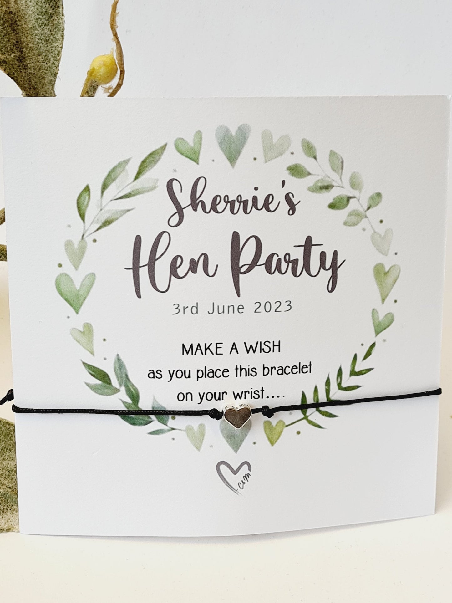 Hearts and leaves wreath Hen Party Wish Bracelets - Personalised  - Goodie Bag Filler - Hen Weekend, Hen Do, Girls Weekend - CM234