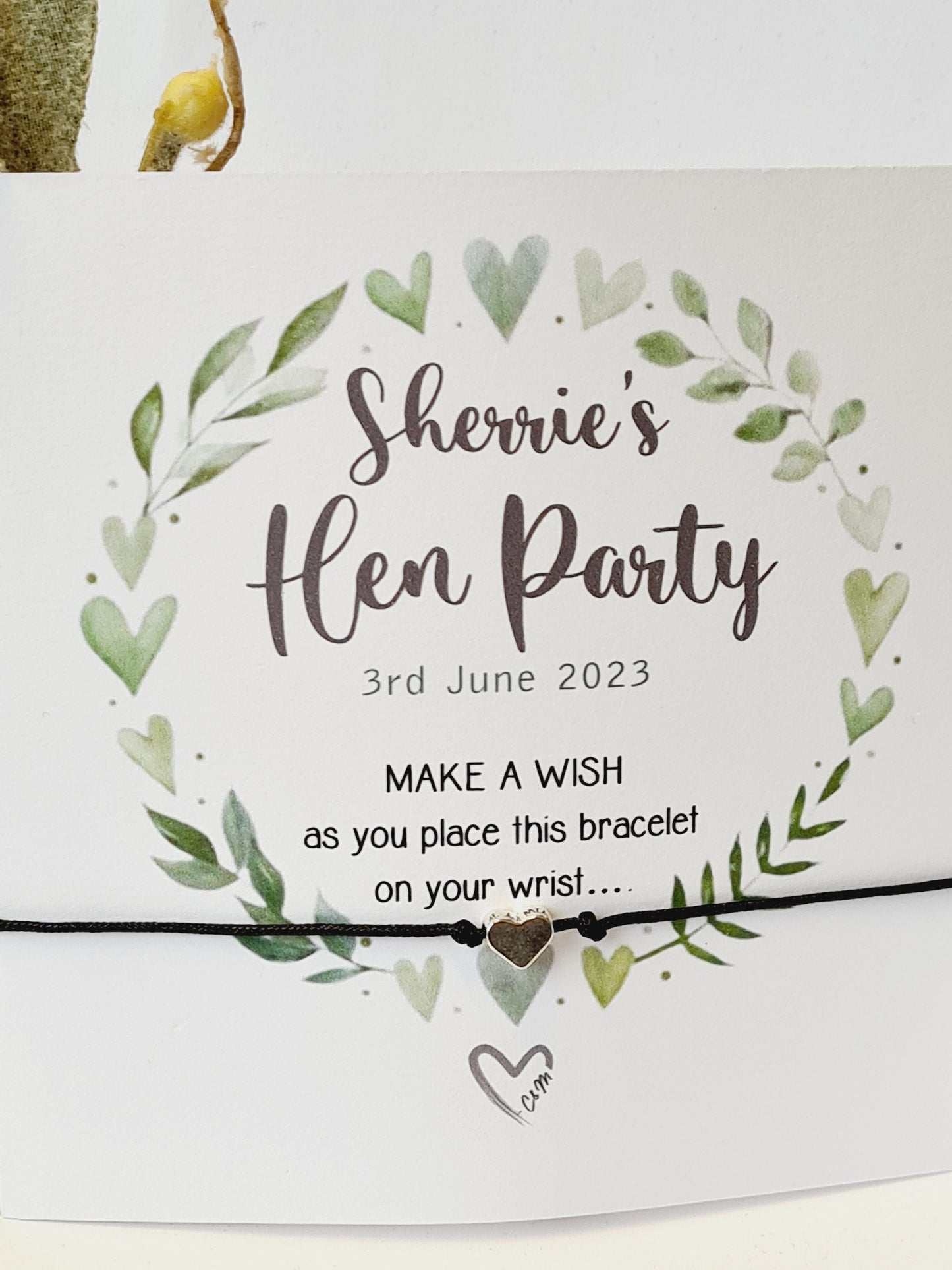 Hearts and leaves wreath Hen Party Wish Bracelets - Personalised  - Goodie Bag Filler - Hen Weekend, Hen Do, Girls Weekend - CM234