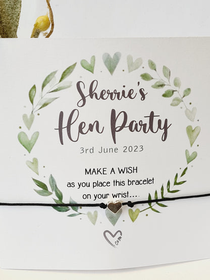 Hearts and leaves wreath Hen Party Wish Bracelets - Personalised  - Goodie Bag Filler - Hen Weekend, Hen Do, Girls Weekend - CM234