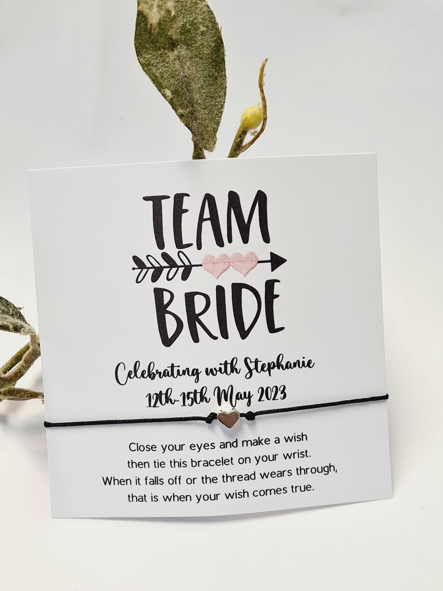 Personalised Team Bride  Hen Party Wish Bracelets - Goodie Bag Filler - Hen Weekend, Hen Do, Girls Weekend - Pink Heart - Bride to Be