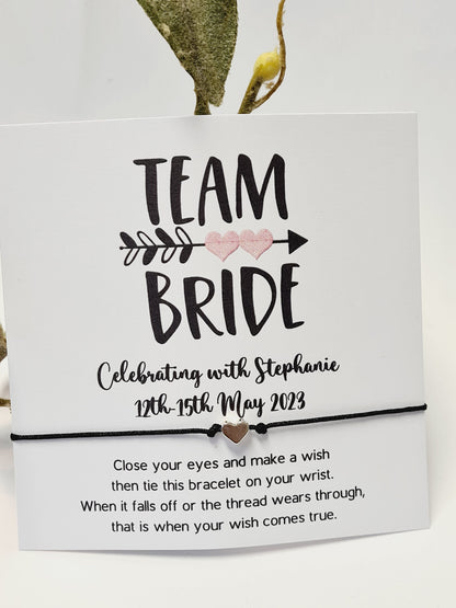 Personalised Team Bride  Hen Party Wish Bracelets - Goodie Bag Filler - Hen Weekend, Hen Do, Girls Weekend - Pink Heart - Bride to Be
