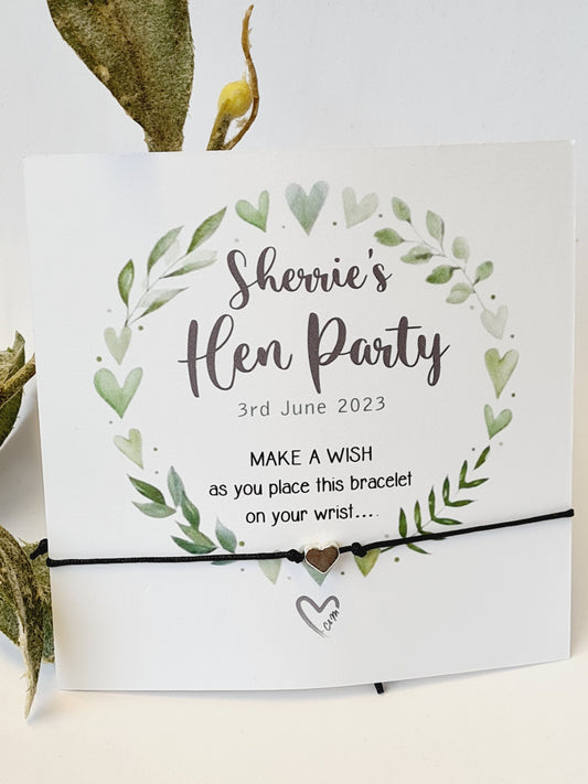 Hearts and leaves wreath Hen Party Wish Bracelets - Personalised  - Goodie Bag Filler - Hen Weekend, Hen Do, Girls Weekend - CM234