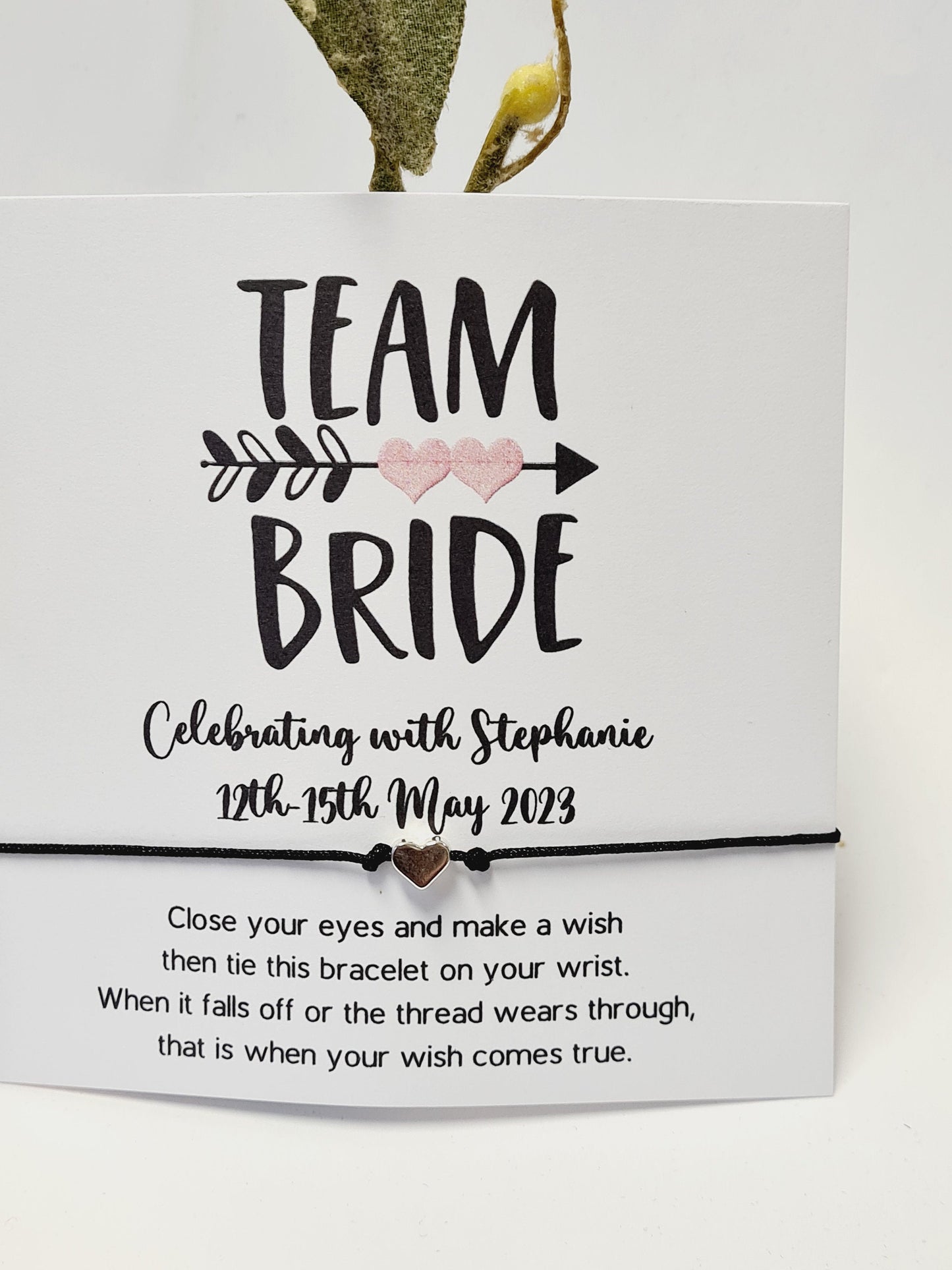 Personalised Team Bride  Hen Party Wish Bracelets - Goodie Bag Filler - Hen Weekend, Hen Do, Girls Weekend - Pink Heart - Bride to Be