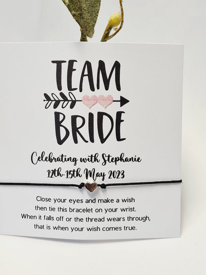 Personalised Team Bride  Hen Party Wish Bracelets - Goodie Bag Filler - Hen Weekend, Hen Do, Girls Weekend - Pink Heart - Bride to Be